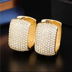 Gold Cluster Pave Diamond Oblong Mod Huggie Hoop Earrings